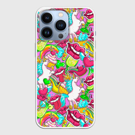 Чехол для iPhone 13 Pro с принтом Губы фреш ,  |  | Тематика изображения на принте: губки | губы | единорог | зубы | коктейль | корона | краски | пирог | пирожное | поцелуй | радуга | разводы | розовый | сердце | сочный | туфли | улыбки | фрукты | цвет | цвета | язык