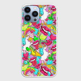 Чехол для iPhone 13 Pro Max с принтом Губы фреш ,  |  | Тематика изображения на принте: губки | губы | единорог | зубы | коктейль | корона | краски | пирог | пирожное | поцелуй | радуга | разводы | розовый | сердце | сочный | туфли | улыбки | фрукты | цвет | цвета | язык