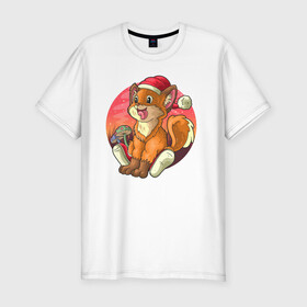 Мужская футболка хлопок Slim с принтом Новогодний лисёнок , 92% хлопок, 8% лайкра | приталенный силуэт, круглый вырез ворота, длина до линии бедра, короткий рукав | арт | грибочки | дикое животное | иллюстрация | лисёнок
