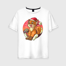 Женская футболка хлопок Oversize с принтом Новогодний лисёнок , 100% хлопок | свободный крой, круглый ворот, спущенный рукав, длина до линии бедер
 | арт | грибочки | дикое животное | иллюстрация | лисёнок