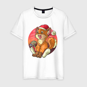 Мужская футболка хлопок с принтом Новогодний лисёнок , 100% хлопок | прямой крой, круглый вырез горловины, длина до линии бедер, слегка спущенное плечо. | арт | грибочки | дикое животное | иллюстрация | лисёнок
