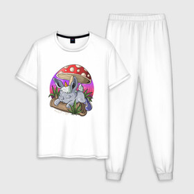Мужская пижама хлопок с принтом Спящий зайчик , 100% хлопок | брюки и футболка прямого кроя, без карманов, на брюках мягкая резинка на поясе и по низу штанин
 | грибочек | зайченок | иллюстрация | крольченок | спящий