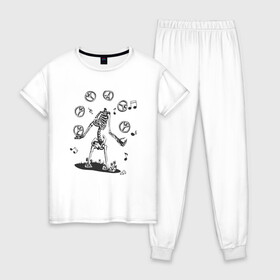 Женская пижама хлопок с принтом Peace & Music , 100% хлопок | брюки и футболка прямого кроя, без карманов, на брюках мягкая резинка на поясе и по низу штанин | любовь | мир | музыка | ноты | скелет | хиппи | черно белый