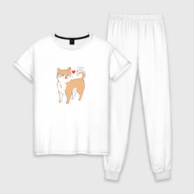 Женская пижама хлопок с принтом Сиба-Ину , 100% хлопок | брюки и футболка прямого кроя, без карманов, на брюках мягкая резинка на поясе и по низу штанин | домашнее животное | животное | милая собака | сердечко | сиба ину | собака