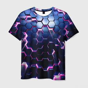 Мужская футболка 3D с принтом ФИОЛЕТОВОЕ СВЕЧЕНИЕ 3D , 100% полиэфир | прямой крой, круглый вырез горловины, длина до линии бедер | абстракция | блеск | луч | неон | свечение | сирень | соты | текстура | ультрофиолет | фигура | шестиграник | шестиугольник