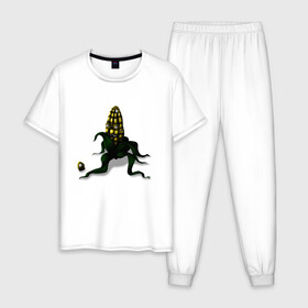 Мужская пижама хлопок с принтом Злая кукуруза , 100% хлопок | брюки и футболка прямого кроя, без карманов, на брюках мягкая резинка на поясе и по низу штанин
 | Тематика изображения на принте: еда | кукуруза | овощи | страшное | хоррор