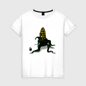 Женская футболка хлопок с принтом Злая кукуруза , 100% хлопок | прямой крой, круглый вырез горловины, длина до линии бедер, слегка спущенное плечо | Тематика изображения на принте: еда | кукуруза | овощи | страшное | хоррор