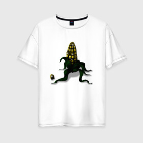 Женская футболка хлопок Oversize с принтом Злая кукуруза , 100% хлопок | свободный крой, круглый ворот, спущенный рукав, длина до линии бедер
 | Тематика изображения на принте: еда | кукуруза | овощи | страшное | хоррор
