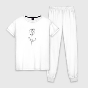 Женская пижама хлопок с принтом Роза одинокая , 100% хлопок | брюки и футболка прямого кроя, без карманов, на брюках мягкая резинка на поясе и по низу штанин | контур | линии | минимализм | узор | цветок | черный | эскиз