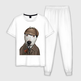 Мужская пижама хлопок с принтом Собака Шерлок Холмс , 100% хлопок | брюки и футболка прямого кроя, без карманов, на брюках мягкая резинка на поясе и по низу штанин
 | Тематика изображения на принте: кепка | собака | трубка | шерлок холмс | щенок