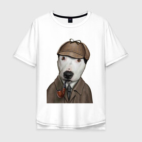 Мужская футболка хлопок Oversize с принтом Собака Шерлок Холмс , 100% хлопок | свободный крой, круглый ворот, “спинка” длиннее передней части | Тематика изображения на принте: кепка | собака | трубка | шерлок холмс | щенок
