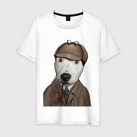 Мужская футболка хлопок с принтом Собака Шерлок Холмс , 100% хлопок | прямой крой, круглый вырез горловины, длина до линии бедер, слегка спущенное плечо. | Тематика изображения на принте: кепка | собака | трубка | шерлок холмс | щенок