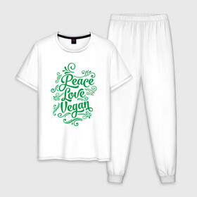 Мужская пижама хлопок с принтом Peace Love Vegan , 100% хлопок | брюки и футболка прямого кроя, без карманов, на брюках мягкая резинка на поясе и по низу штанин
 | Тематика изображения на принте: green | greenpaece | love | nature | peace | sport | vegan | yoga | веган | вегетарианец | гринпис | еда | животные | жизнь | здоровье | зеленый | йога | мир | овощи | пища | планета | природа | растение | спорт | тело | фрукты