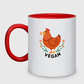 Кружка двухцветная с принтом Vegan Chicken , керамика | объем — 330 мл, диаметр — 80 мм. Цветная ручка и кайма сверху, в некоторых цветах — вся внутренняя часть | green | greenpaece | nature | sport | vegan | yoga | веган | вегетарианец | гринпис | еда | животные | жизнь | здоровье | зеленый | йога | курица | мир | овощи | пища | планета | природа | растение | спорт | тело | фрукты