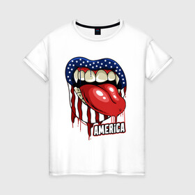 Женская футболка хлопок с принтом Американский укус , 100% хлопок | прямой крой, круглый вырез горловины, длина до линии бедер, слегка спущенное плечо | америка | вампир | иллюстрация | сша | язык