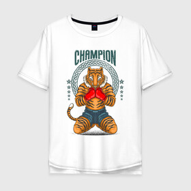 Мужская футболка хлопок Oversize с принтом Чемпион , 100% хлопок | свободный крой, круглый ворот, “спинка” длиннее передней части | Тематика изображения на принте: fighter | боец | боксер | воин дракона | иллюстрация | тигр