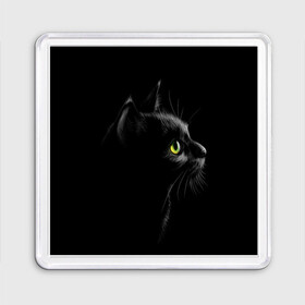 Магнит 55*55 с принтом Черный кот , Пластик | Размер: 65*65 мм; Размер печати: 55*55 мм | Тематика изображения на принте: взгляд | глаза | киса | киска | кот | котик | котяра | профиль | пушистый | усы
