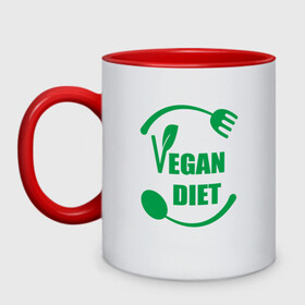 Кружка двухцветная с принтом Vegan Diet , керамика | объем — 330 мл, диаметр — 80 мм. Цветная ручка и кайма сверху, в некоторых цветах — вся внутренняя часть | green | greenpaece | nature | sport | vegan | yoga | веган | вегетарианец | гринпис | диета | еда | животные | жизнь | здоровье | зеленый | йога | мир | овощи | пища | планета | природа | растение | спорт | тело | фрукты