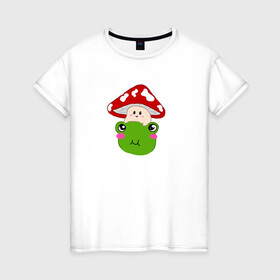 Женская футболка хлопок с принтом Милый мухомор и лягушка  , 100% хлопок | прямой крой, круглый вырез горловины, длина до линии бедер, слегка спущенное плечо | гриб | жаба | лягушка | мухомор | растение