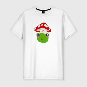 Мужская футболка хлопок Slim с принтом Милый мухомор и лягушка  , 92% хлопок, 8% лайкра | приталенный силуэт, круглый вырез ворота, длина до линии бедра, короткий рукав | Тематика изображения на принте: гриб | жаба | лягушка | мухомор | растение