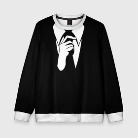 Детский свитшот 3D с принтом Смокинг | Поправляю галстук , 100% полиэстер | свободная посадка, прямой крой, мягкая тканевая резинка на рукавах и понизу свитшота | анонимус. | галстук | люди в чёрном | минимализм | рубашка | строгость