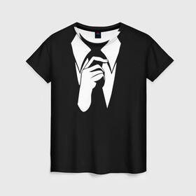 Женская футболка 3D с принтом Смокинг | Поправляю галстук , 100% полиэфир ( синтетическое хлопкоподобное полотно) | прямой крой, круглый вырез горловины, длина до линии бедер | Тематика изображения на принте: анонимус. | галстук | люди в чёрном | минимализм | рубашка | строгость