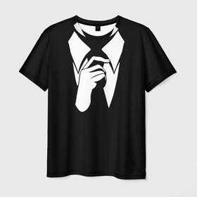 Мужская футболка 3D с принтом Смокинг | Поправляю галстук , 100% полиэфир | прямой крой, круглый вырез горловины, длина до линии бедер | анонимус. | галстук | люди в чёрном | минимализм | рубашка | строгость