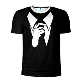 Мужская футболка 3D спортивная с принтом Смокинг | Поправляю галстук , 100% полиэстер с улучшенными характеристиками | приталенный силуэт, круглая горловина, широкие плечи, сужается к линии бедра | анонимус. | галстук | люди в чёрном | минимализм | рубашка | строгость