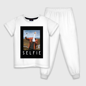 Детская пижама хлопок с принтом selfie , 100% хлопок |  брюки и футболка прямого кроя, без карманов, на брюках мягкая резинка на поясе и по низу штанин
 | funny | nerd | selfie | гусь | инстаграм | лебедь | селфи | тренд | утка | уточка | фото