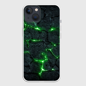 Чехол для iPhone 13 с принтом ЗЕЛЁНОЕ ИЗЛУЧЕНИЕ ,  |  | иллюстрация | камни | неон | свечение | текстура | трещина | щель