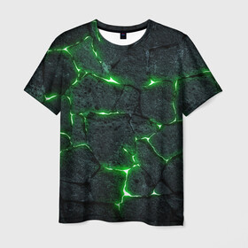 Мужская футболка 3D с принтом ЗЕЛЁНОЕ ИЗЛУЧЕНИЕ , 100% полиэфир | прямой крой, круглый вырез горловины, длина до линии бедер | иллюстрация | камни | неон | свечение | текстура | трещина | щель