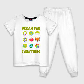 Детская пижама хлопок с принтом Vegan For Everything , 100% хлопок |  брюки и футболка прямого кроя, без карманов, на брюках мягкая резинка на поясе и по низу штанин
 | green | greenpaece | nature | sport | vegan | yoga | веган | вегетарианец | гринпис | еда | животные | жизнь | здоровье | зеленый | йога | мир | овощи | пища | планета | природа | растение | спорт | тело | фрукты