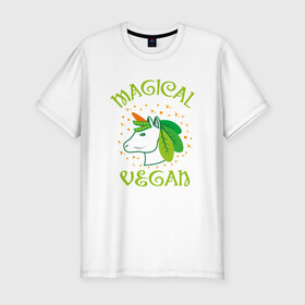 Мужская футболка хлопок Slim с принтом Magical Vegan , 92% хлопок, 8% лайкра | приталенный силуэт, круглый вырез ворота, длина до линии бедра, короткий рукав | green | greenpaece | nature | sport | vegan | yoga | веган | вегетарианец | гринпис | еда | единорог | животные | жизнь | здоровье | зеленый | йога | мир | овощи | пища | планета | природа | растение | спорт | тело | фрукты
