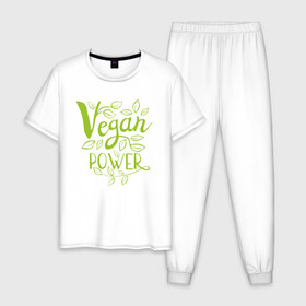 Мужская пижама хлопок с принтом Vegan Power , 100% хлопок | брюки и футболка прямого кроя, без карманов, на брюках мягкая резинка на поясе и по низу штанин
 | Тематика изображения на принте: green | greenpaece | nature | sport | vegan | yoga | веган | вегетарианец | гринпис | еда | животные | жизнь | здоровье | зеленый | йога | мир | овощи | пища | планета | природа | растение | спорт | тело | фрукты