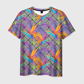 Мужская футболка 3D с принтом Тропические цветы и узоры , 100% полиэфир | прямой крой, круглый вырез горловины, длина до линии бедер | абстракция | геометрия | лето | линии | паттерн | текстуры | узоры