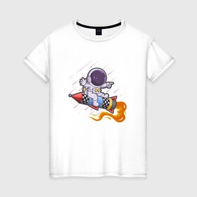 Женская футболка хлопок с принтом Маленький космонавт , 100% хлопок | прямой крой, круглый вырез горловины, длина до линии бедер, слегка спущенное плечо | галактика | звезды | иллюстрация | космонавт | ракета