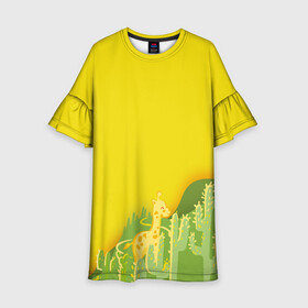 Детское платье 3D с принтом Милый жираф в кактусах , 100% полиэстер | прямой силуэт, чуть расширенный к низу. Круглая горловина, на рукавах — воланы | Тематика изображения на принте: животные | жираф | кактусы | лето | листва | милые | мультик | солнечный | яркий