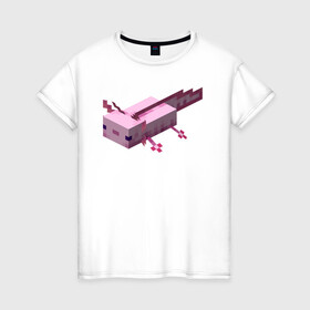 Женская футболка хлопок с принтом Аксолотль | Axolotl , 100% хлопок | прямой крой, круглый вырез горловины, длина до линии бедер, слегка спущенное плечо | Тематика изображения на принте: minecraft | аксолотль | морское животное | розовый | рыба