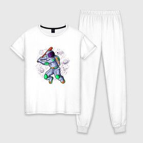 Женская пижама хлопок с принтом Астробол , 100% хлопок | брюки и футболка прямого кроя, без карманов, на брюках мягкая резинка на поясе и по низу штанин | астронавт | бейсбол | бита | звёзды | иллюстрация