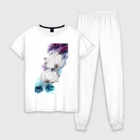 Женская пижама хлопок с принтом Лотосы и космос , 100% хлопок | брюки и футболка прямого кроя, без карманов, на брюках мягкая резинка на поясе и по низу штанин | акварель | галактика | графика | звезды | космос | лотосы | цветы