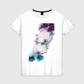 Женская футболка хлопок с принтом Лотосы и космос , 100% хлопок | прямой крой, круглый вырез горловины, длина до линии бедер, слегка спущенное плечо | акварель | галактика | графика | звезды | космос | лотосы | цветы