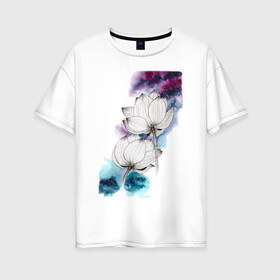 Женская футболка хлопок Oversize с принтом Лотосы и космос , 100% хлопок | свободный крой, круглый ворот, спущенный рукав, длина до линии бедер
 | акварель | галактика | графика | звезды | космос | лотосы | цветы