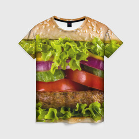 Женская футболка 3D с принтом Бургер , 100% полиэфир ( синтетическое хлопкоподобное полотно) | прямой крой, круглый вырез горловины, длина до линии бедер | биг мак | бигмак | бургер | мясо | салат | чизбургер
