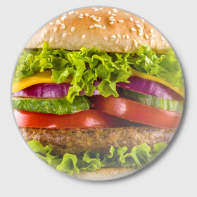 Значок с принтом Бургер ,  металл | круглая форма, металлическая застежка в виде булавки | биг мак | бигмак | бургер | мясо | салат | чизбургер