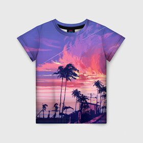 Детская футболка 3D с принтом Пейзаж , 100% гипоаллергенный полиэфир | прямой крой, круглый вырез горловины, длина до линии бедер, чуть спущенное плечо, ткань немного тянется | америка | закат | летний | лето | майами | море | пальмы | пейзаж | пляж | рассвет