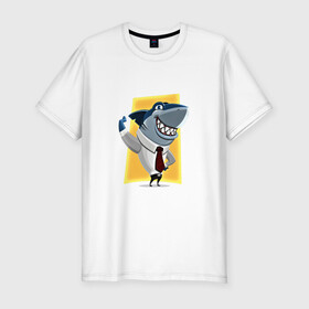 Мужская футболка хлопок Slim с принтом Я на деле , 92% хлопок, 8% лайкра | приталенный силуэт, круглый вырез ворота, длина до линии бедра, короткий рукав | акула | бизнес | бизнесмен | галстук | зубы | морской | профессионал | рыба | хищник