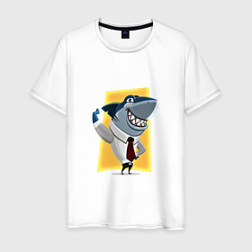 Мужская футболка хлопок с принтом Я на деле , 100% хлопок | прямой крой, круглый вырез горловины, длина до линии бедер, слегка спущенное плечо. | акула | бизнес | бизнесмен | галстук | зубы | морской | профессионал | рыба | хищник