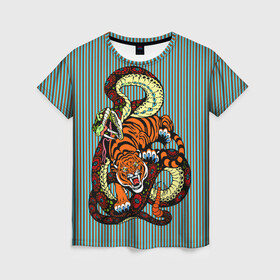 Женская футболка 3D с принтом Тигры Змея Полосы , 100% полиэфир ( синтетическое хлопкоподобное полотно) | прямой крой, круглый вырез горловины, длина до линии бедер | beast | fight | snake | tiger | борьба | животные | звери | змеи | зубы | когти | кошки | полосатый | полосы | тигры | узор