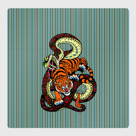 Магнитный плакат 3Х3 с принтом Тигры Змея Полосы , Полимерный материал с магнитным слоем | 9 деталей размером 9*9 см | beast | fight | snake | tiger | борьба | животные | звери | змеи | зубы | когти | кошки | полосатый | полосы | тигры | узор
