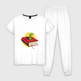 Женская пижама хлопок с принтом Книжный червь , 100% хлопок | брюки и футболка прямого кроя, без карманов, на брюках мягкая резинка на поясе и по низу штанин | бумага | книга | книжный червь | обложка | червь | червяк